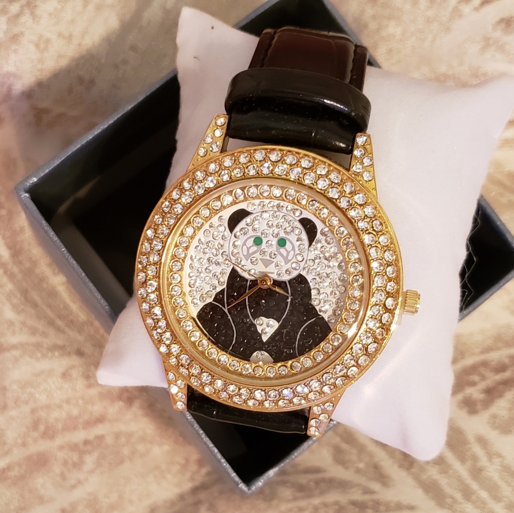 7 inch Black Leather Strap, Panda watch, Quartz, Rhinestones, NEW BATTERY, NWT!